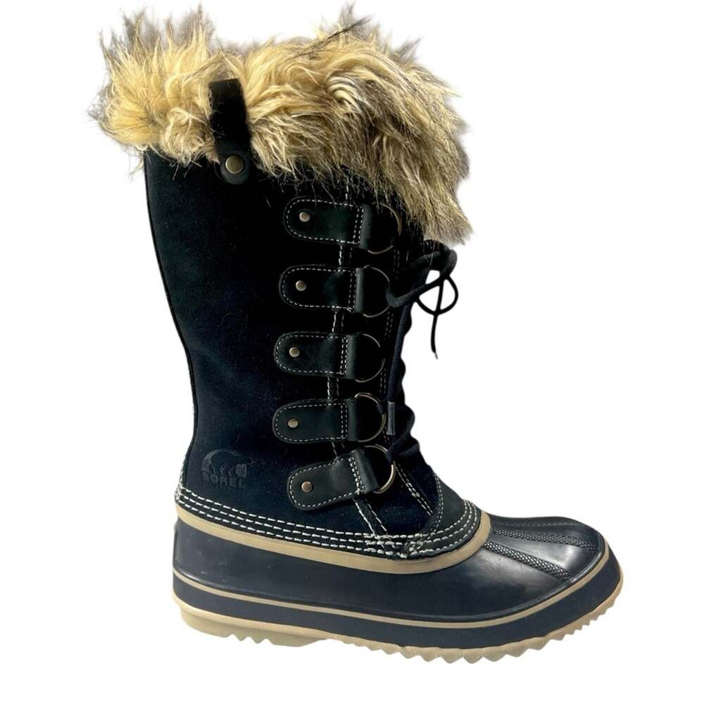 Sorel Joan of Arctic Waterproof Boots 8 Black Quarry Suede Faux Fur Lace Up Snow